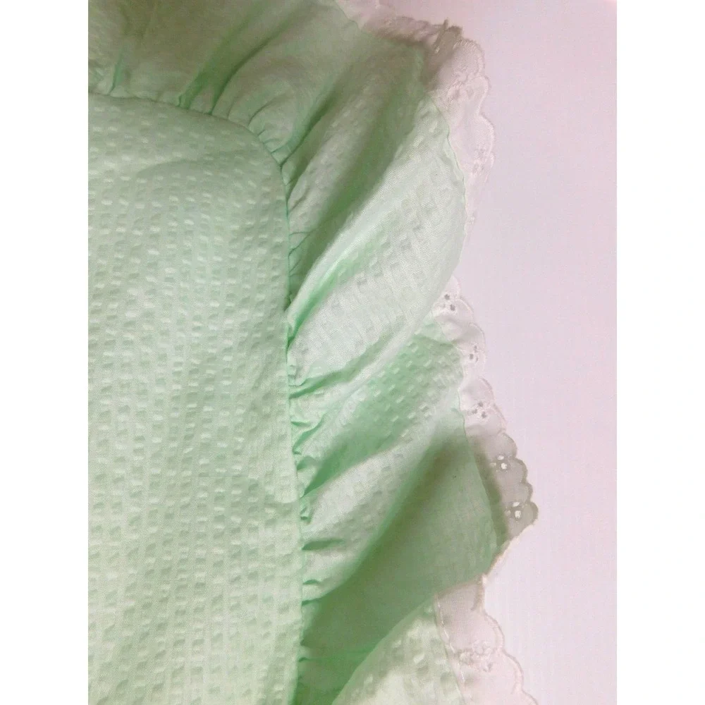 Vintage mint green pillow sham with ruffle and white  eyelet border    36